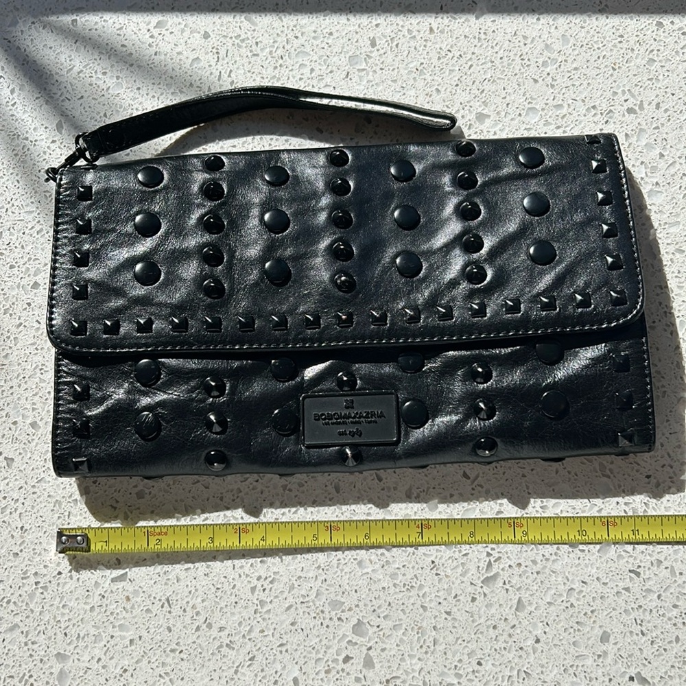 BCBG Black Leather Studded Clutch